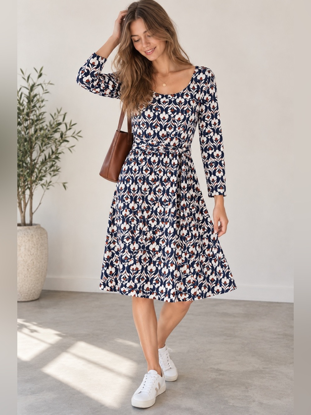 Boden Navy, White & Red Floral-Print Long-Sleeve Dress